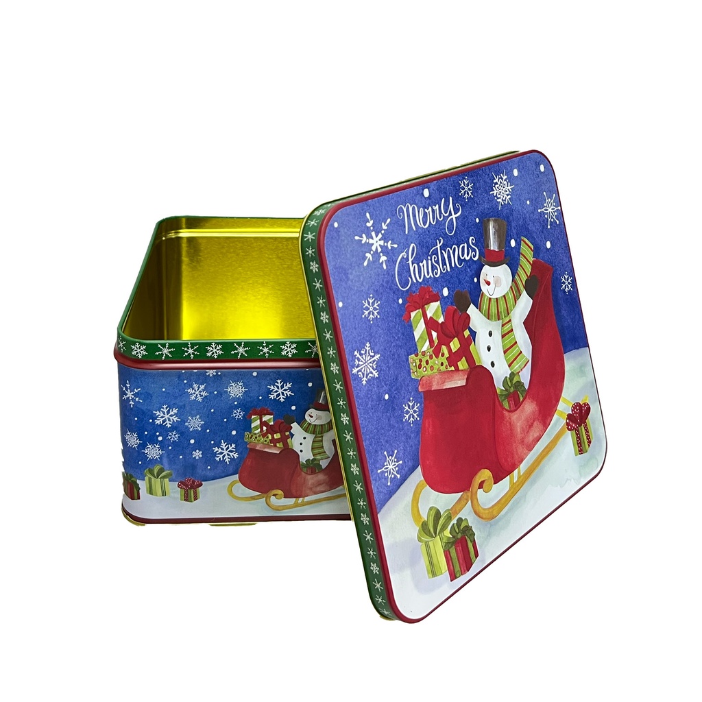 Caja lata navidad cuadrada mono nieve 17cm